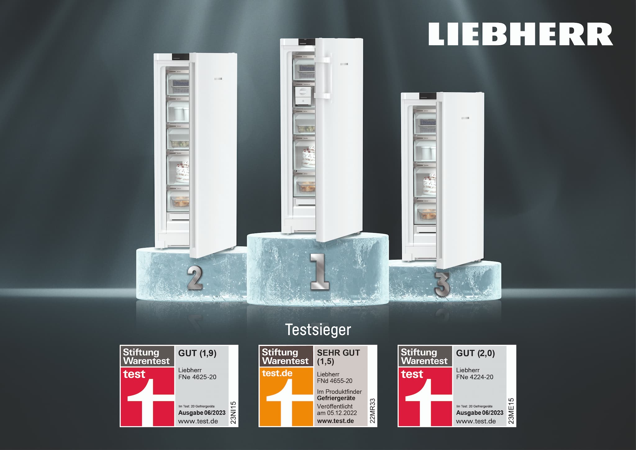 Stiftung Warentest Erfolg: 3 Modelle im Liebherr Gefrierschrank Test Stiftung Warentest Liebherr Gefrierschraenke FNd-4655-20 FNe 4625-20 und FNe-4224-20 bei Holzleitner bestellen