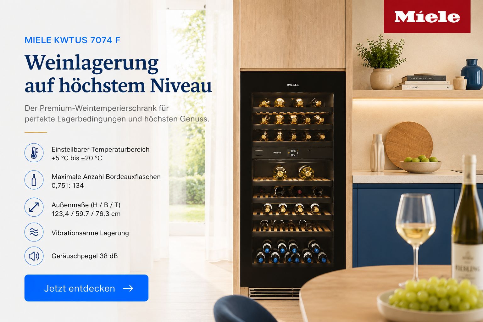 Miele KWTUS 7074 F Weintemperierschrank mit Glastür und Holzrosten