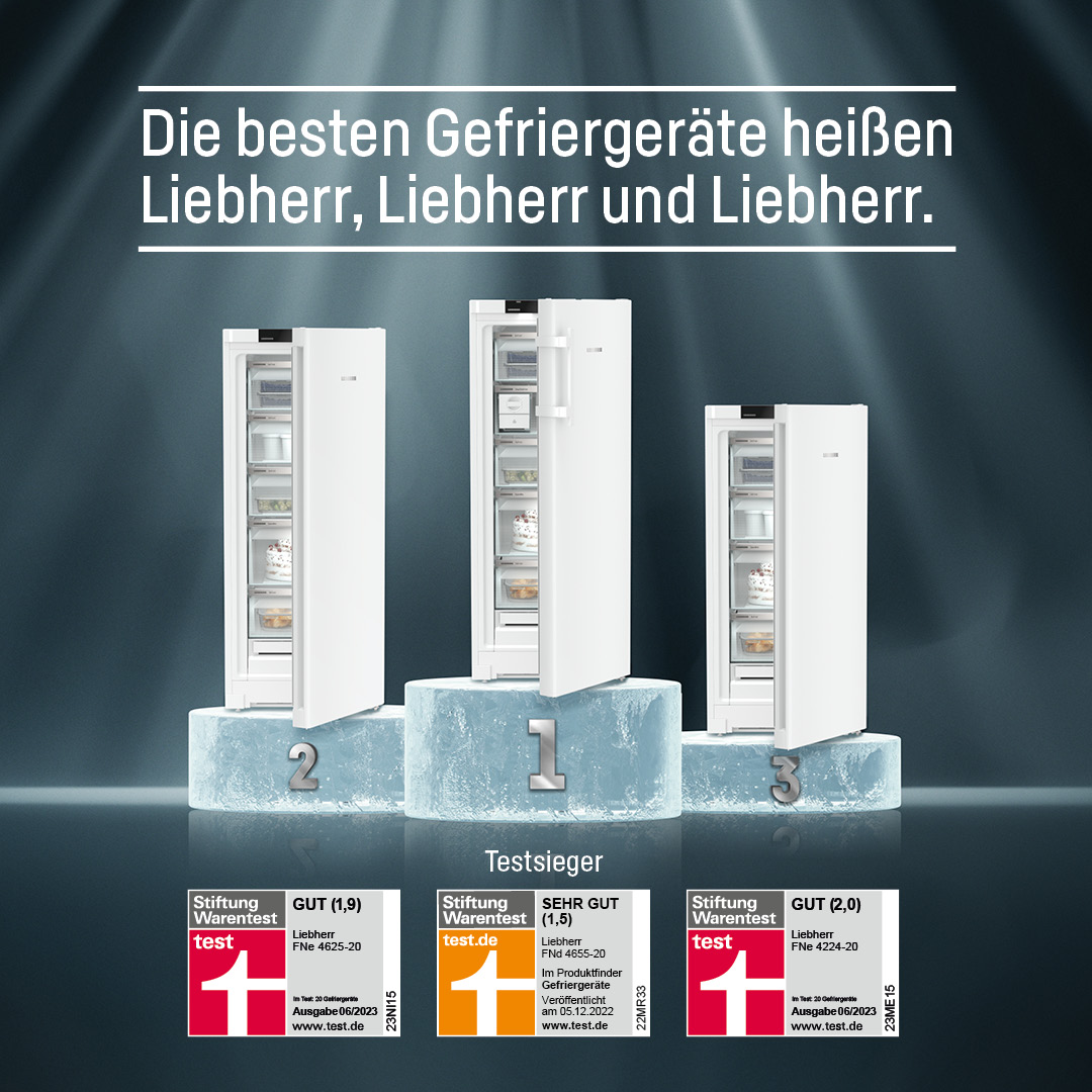 Stiftung Warentest Kampagne Gut und Sehr gut Liebherr Gefrierschränke Hochformat bei Holzleitner bestellen